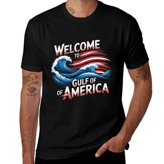 Gulf Of USA America Gift Men Women Flag Beach Ribbed Collar T-Shirt