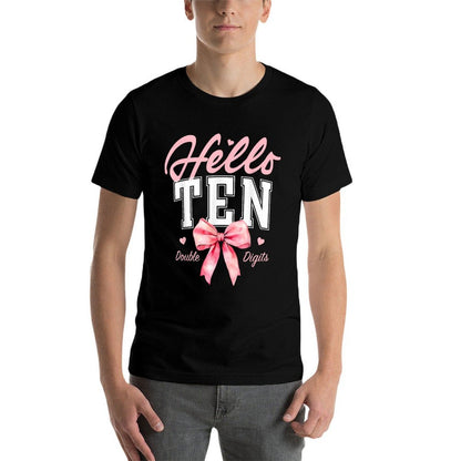 Hello Ten Double Digits Cute Coquette Bow 10th Birthday Girl  Cotton T-Shirt