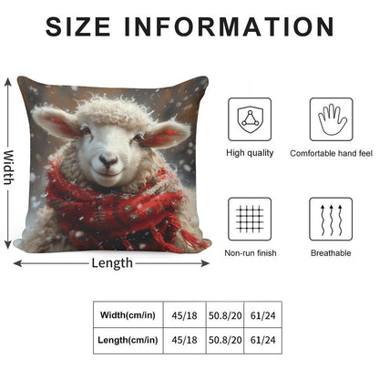 Sheep in The Snow with A Red Scarf Soft Hidden Zipper Throw Pillow