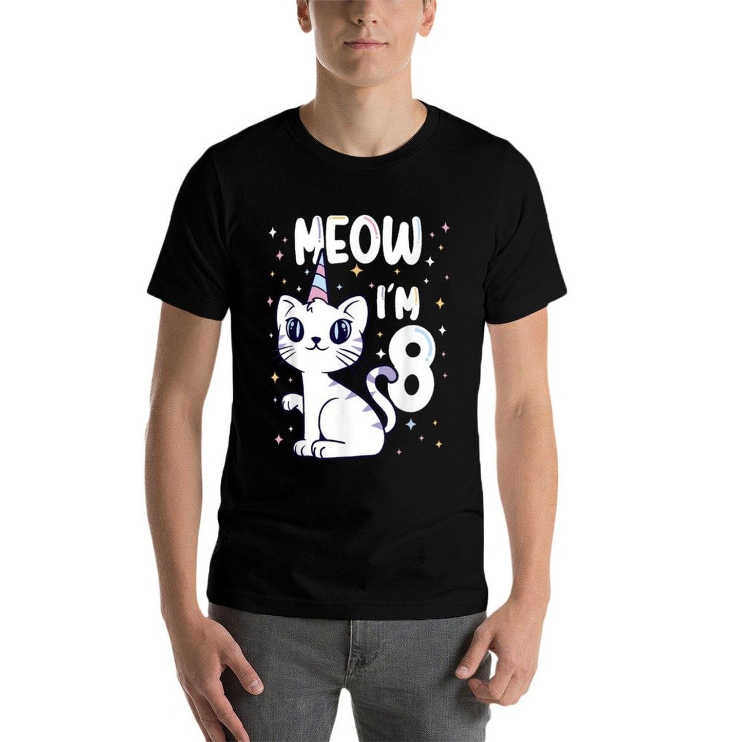 Meow I'm 8 Bday Cat Party Cute 8th Birthday Kids Cat  Cotton T-Shirt