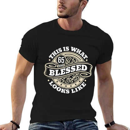 65th Birthday Age 65 Blessed I Religious 65th Birthday  Ribbed Collar T-Shirt