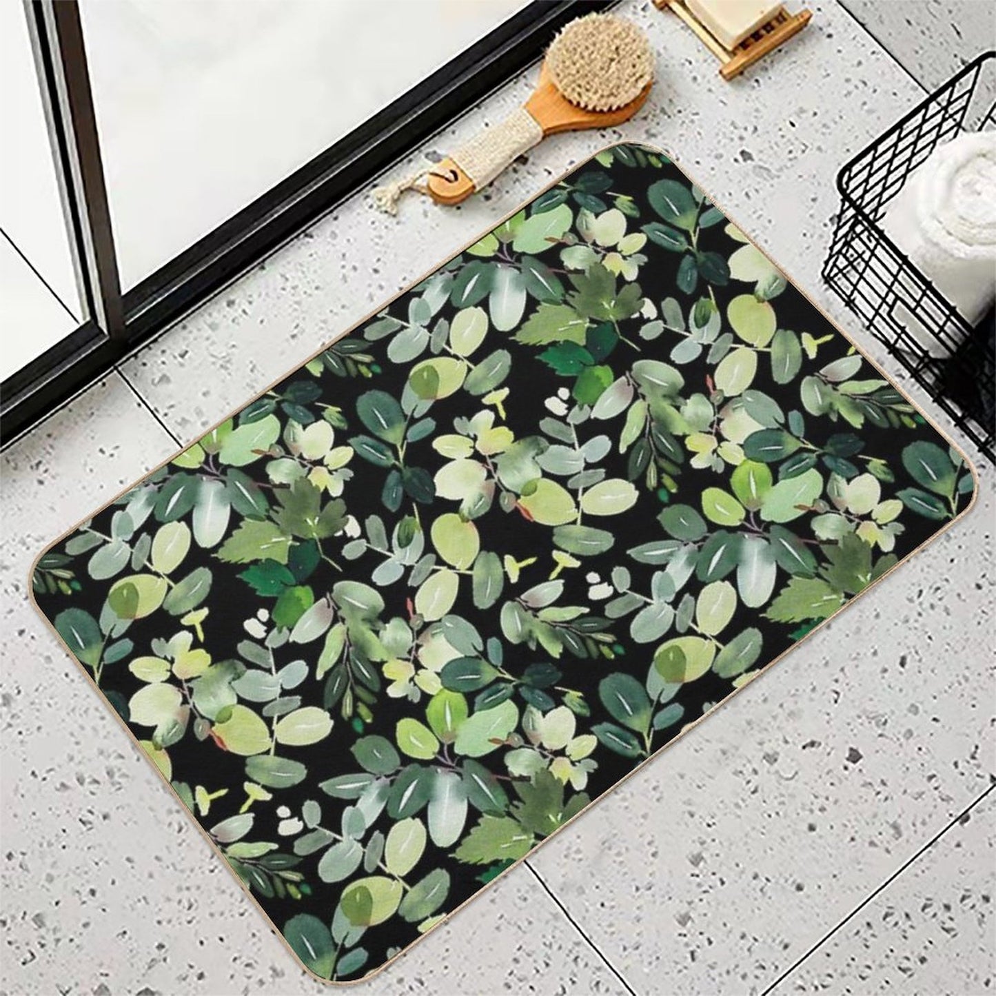 Green Foliage on Black  Toxin-Free Bath Mat