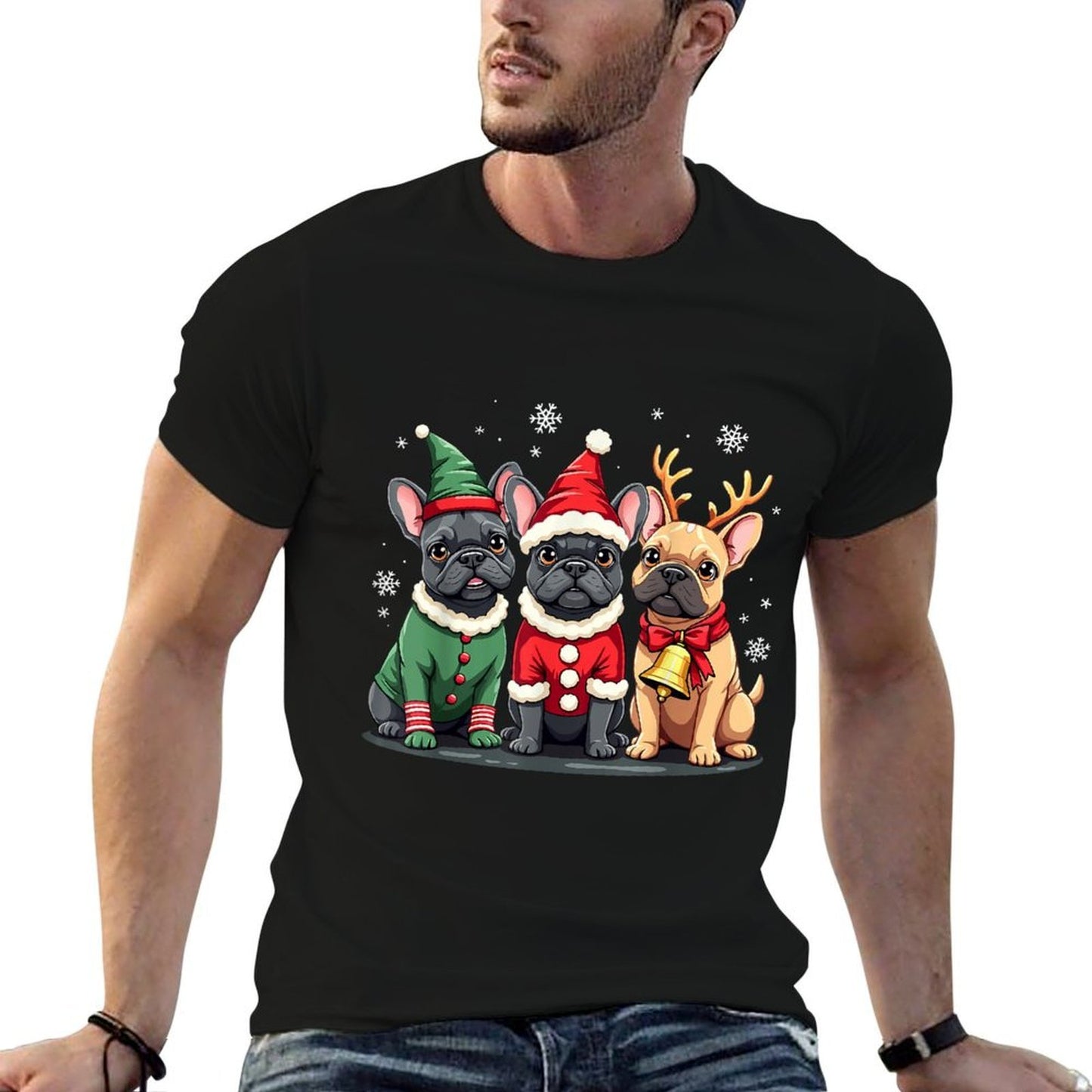 French Bulldog Christmas Dogs Funny Santa Reindeer Elf  Breathable T-Shirt