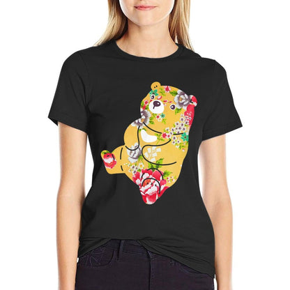 Taiwan Flower Cloth Pattern, Bear, Yellow, Guest Flower Cloth, Taiwan Miscellaneous Goods, Taiwan Style, Cute, Stylish  Rolled Sleeves T-Shirt