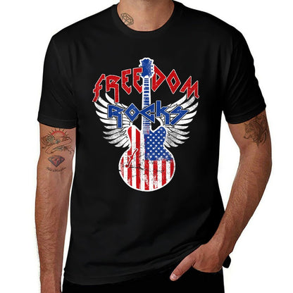 Freedom Rocks 4th of July Patriotic USA Rocks Guitar  Stretchy T-Shirt