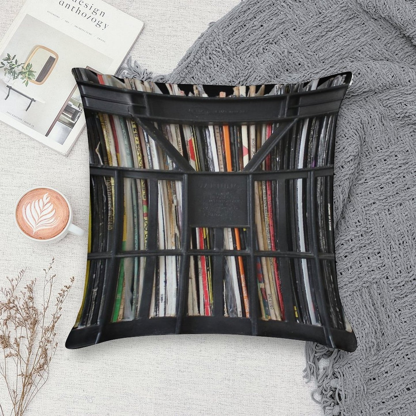 Vinyl Record Rock, Metal, Hip Hop, Rap, Reggae, Jazz Albums DJ Crate Collection 1 Soft Home Decor Throw Pillow