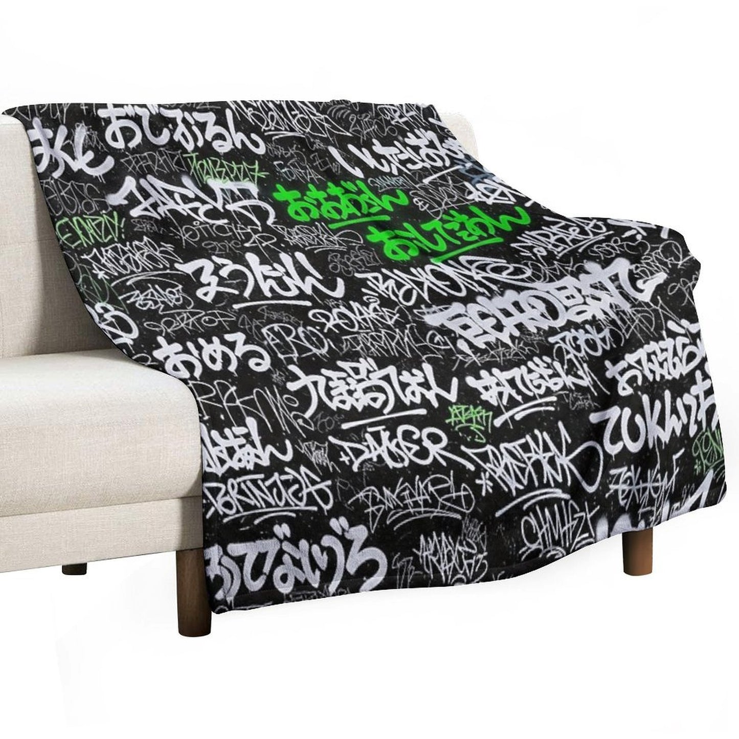 Japanese Graffiti Tags White & Lime Green on Black Sustainable Throw Blanket