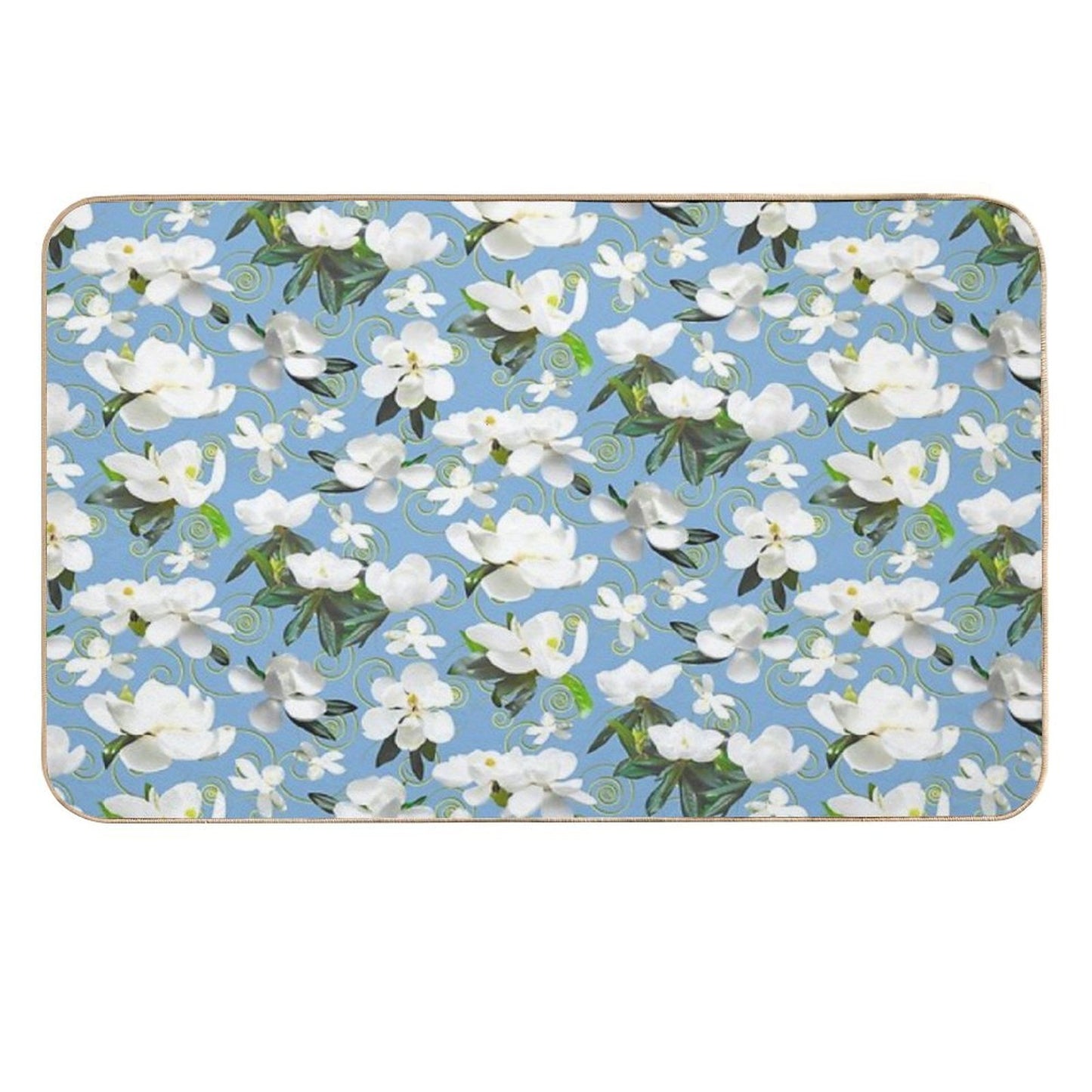 Bright Magnolia Floral Halfdrop on Blue 80afda  Fade-Resistant Bath Mat