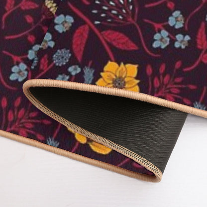 Mustard Yellow, Burgundy & Blue Floral Pattern  Easy Maintenance Bath Mat