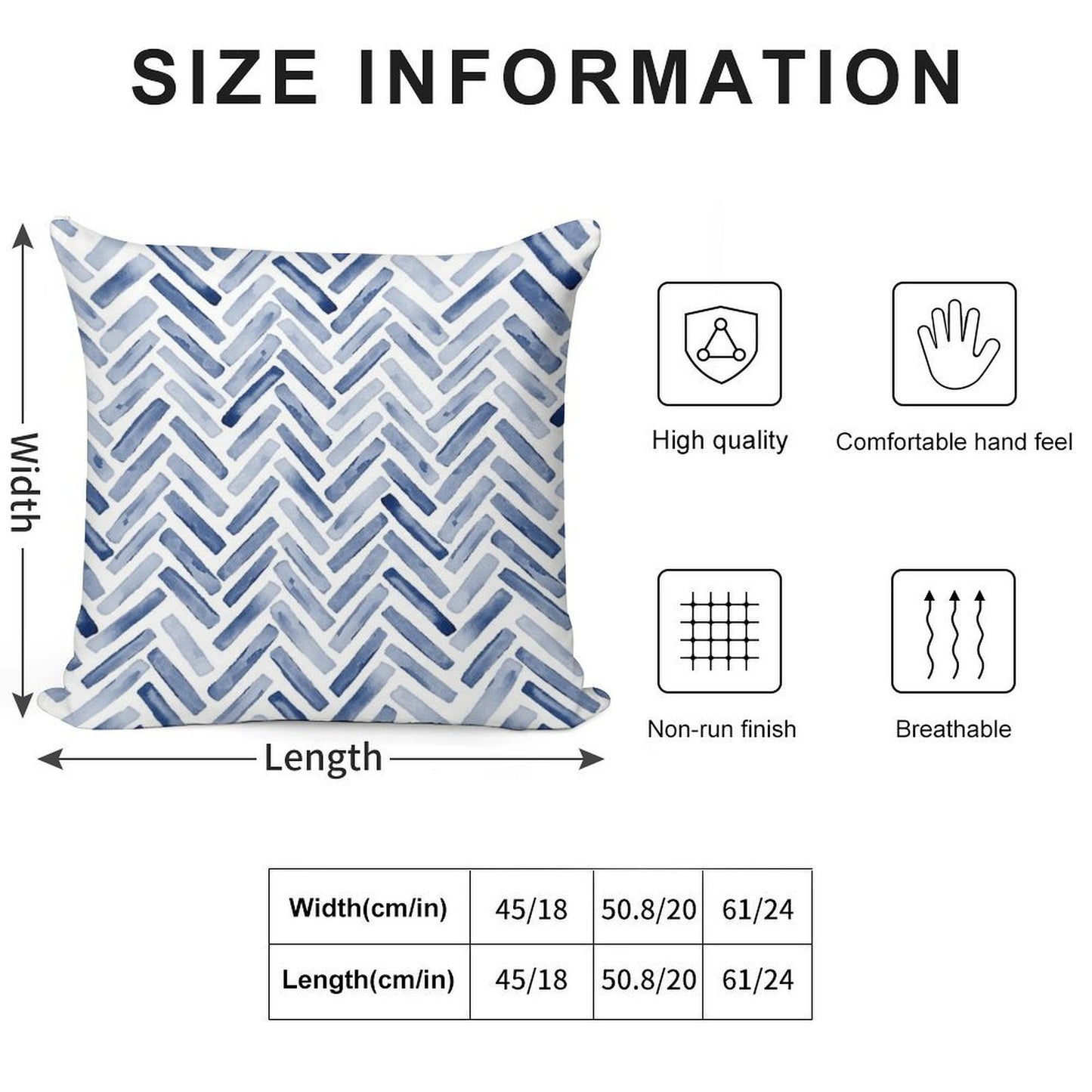 Indigo Blue Watercolor Herringbone Chevron Soft Reinforced Edging Throw Pillow
