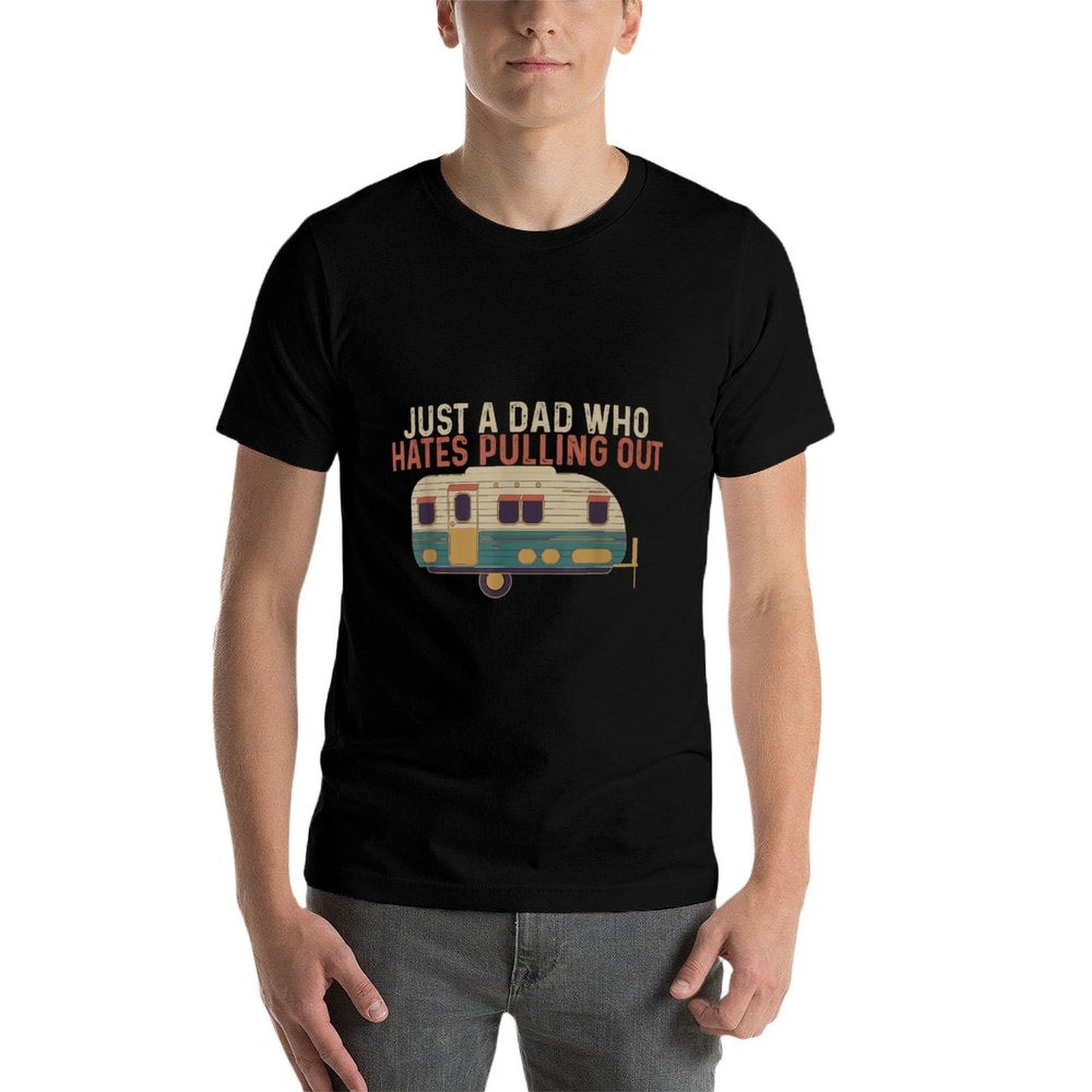 Just A Dad Who Hates Pulling Out Funny Camping  Ribbed Collar T-Shirt