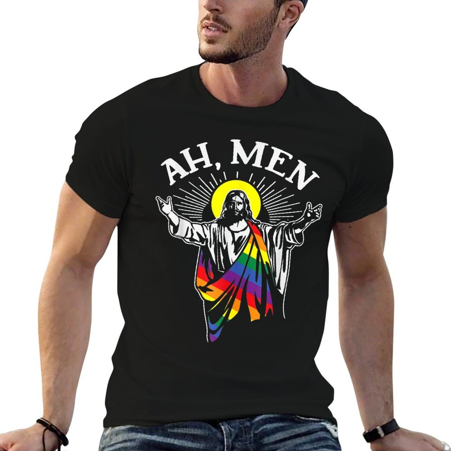 Ah Men Funny LGBT Gay Pride Jesus Rainbow Christian  Soft T-Shirt