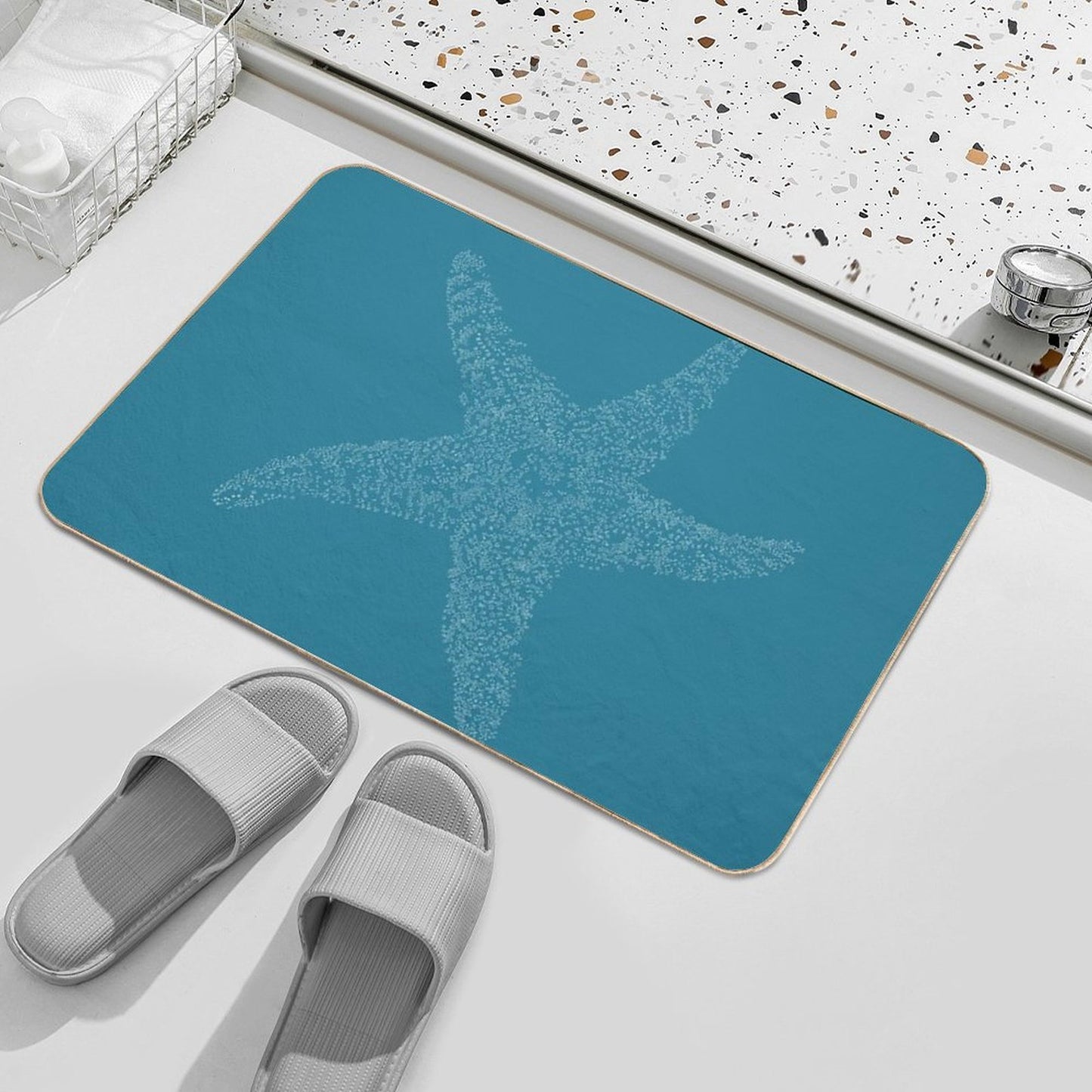 Starfish Bliss - White on Dark Teal  Non-Slip Bath Mat