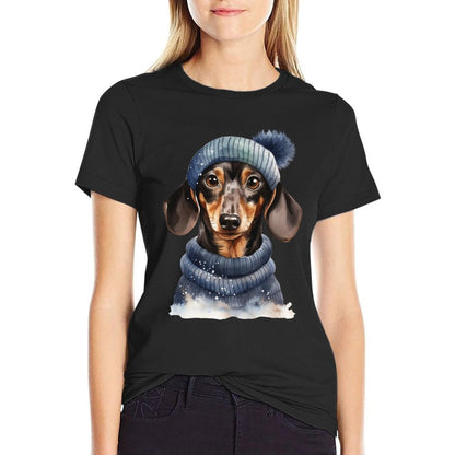 Christmas Winter Wiener  Dachshund  Rolled Sleeves T-Shirt