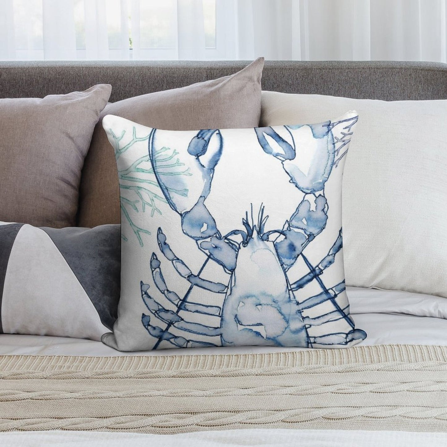 Coastal Lobster, Watercolor in Blues Soft Durable Construction Throw Pillow