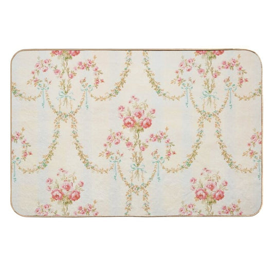 Rococo Vintage French Floral Wallpaper With Roses, Ribbons And Bows  Fade-Resistant Bath Mat