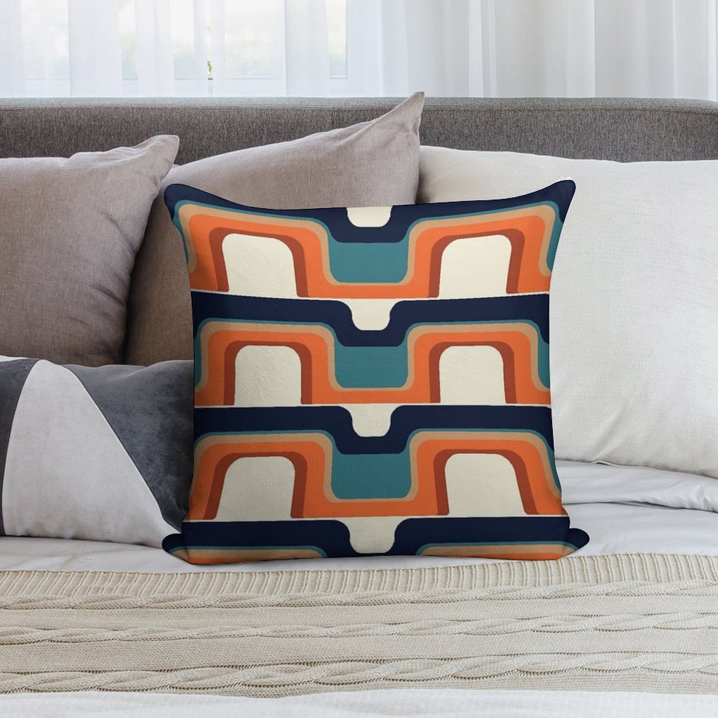 Mid-Century Modern Meets 1970s Orange & Blue Soft Durable Construction Throw Pillow