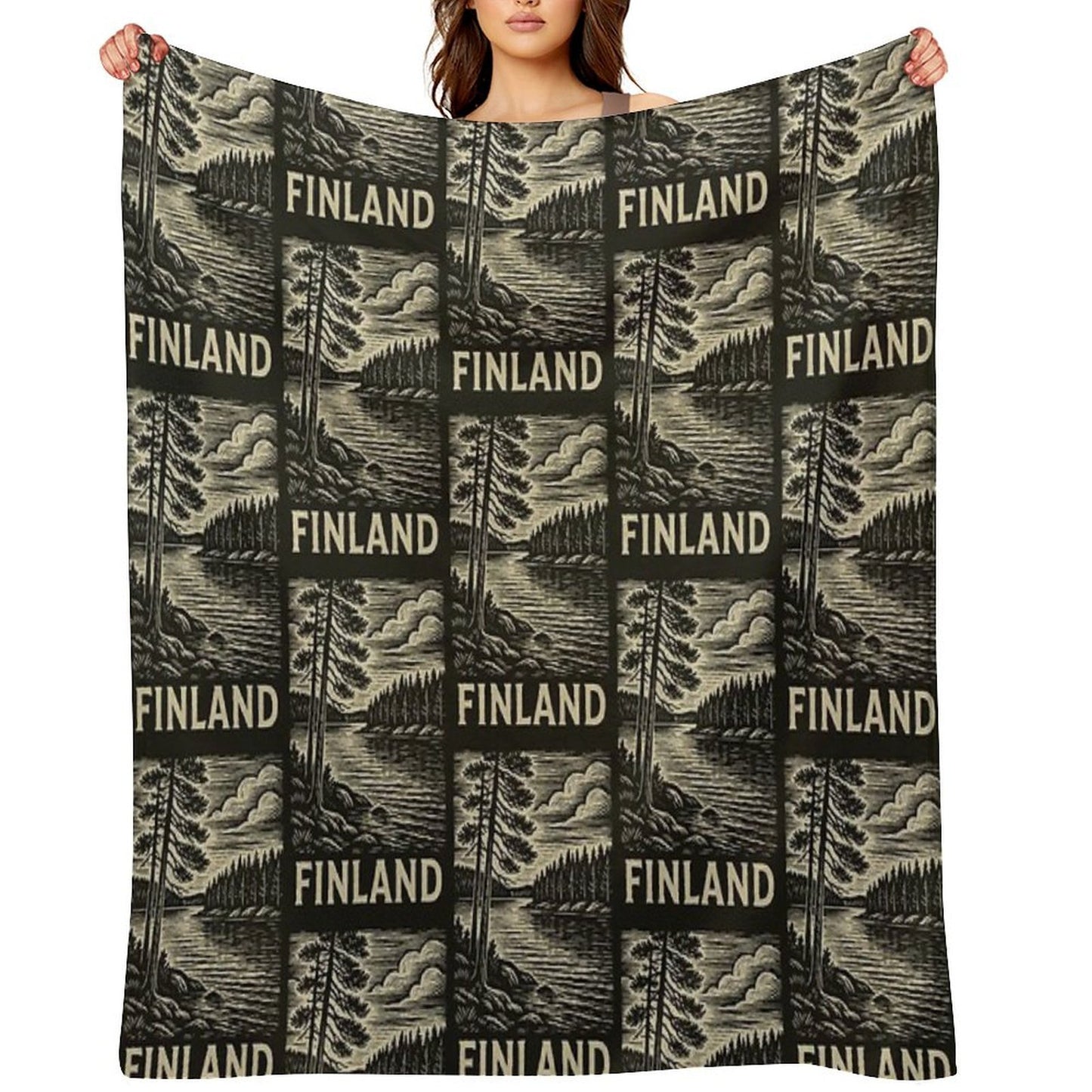 Finland Linocut Style Quick-dry Throw Blanket