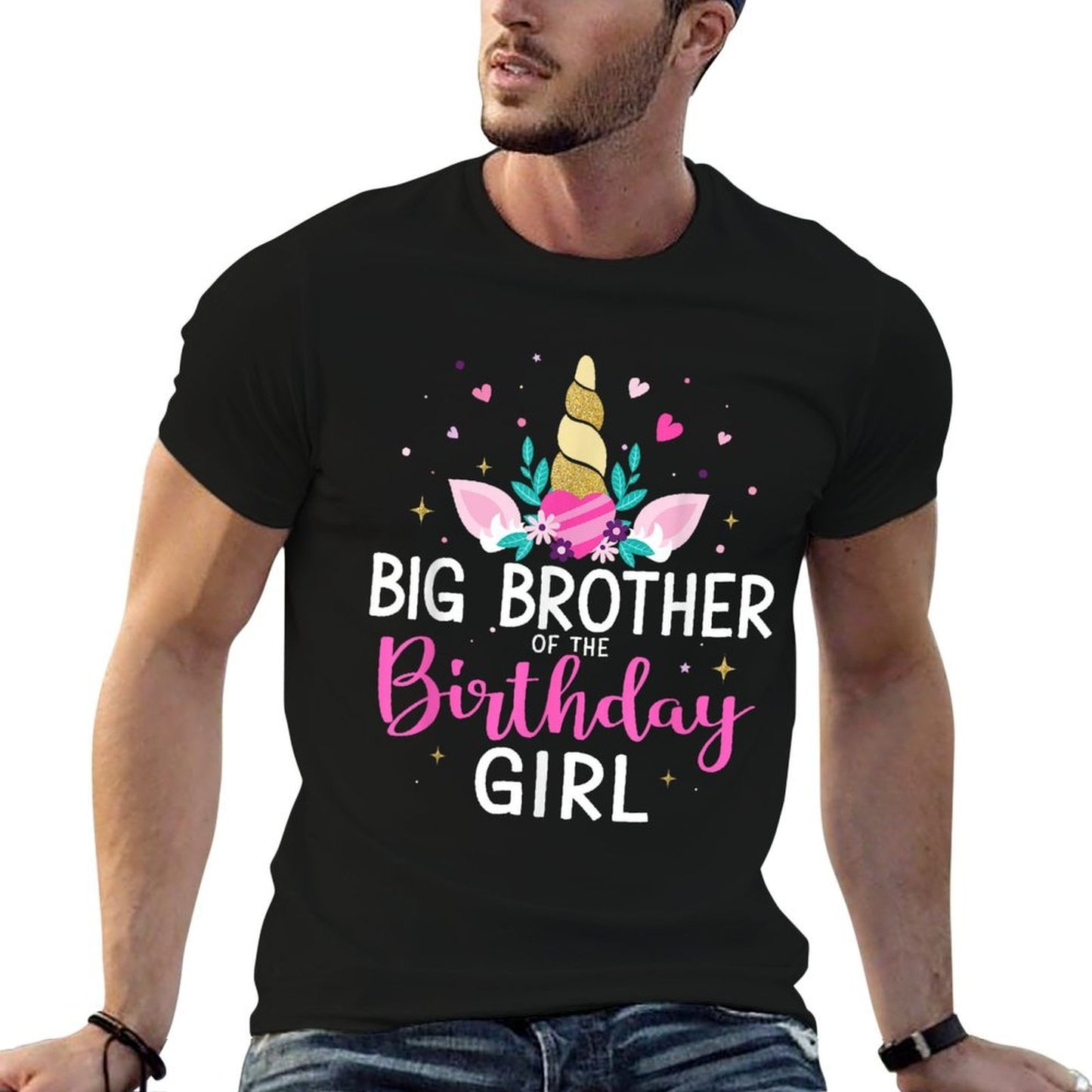 Big Brother of Birthday Girl Matching Family Unicorn Party  Ribbed Collar T-Shirt