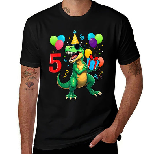 5th Birthday Boy Dinosaur Happy Bday T-rex Party Kids  Ribbed Collar T-Shirt