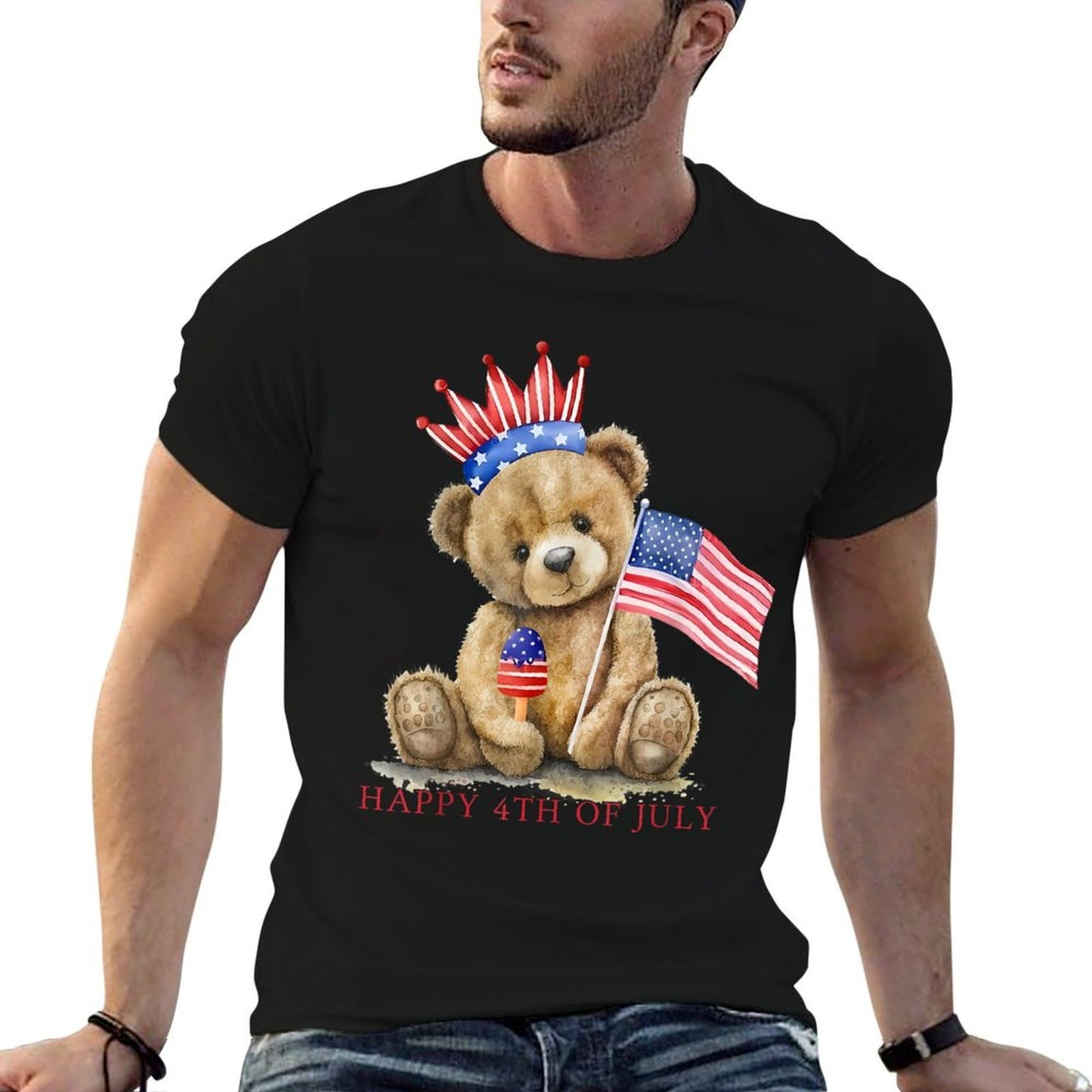 Happy 4th Of July Patriotic Cute Teddy Bear Women Girls Kids  Trendy Pattern T-Shirt