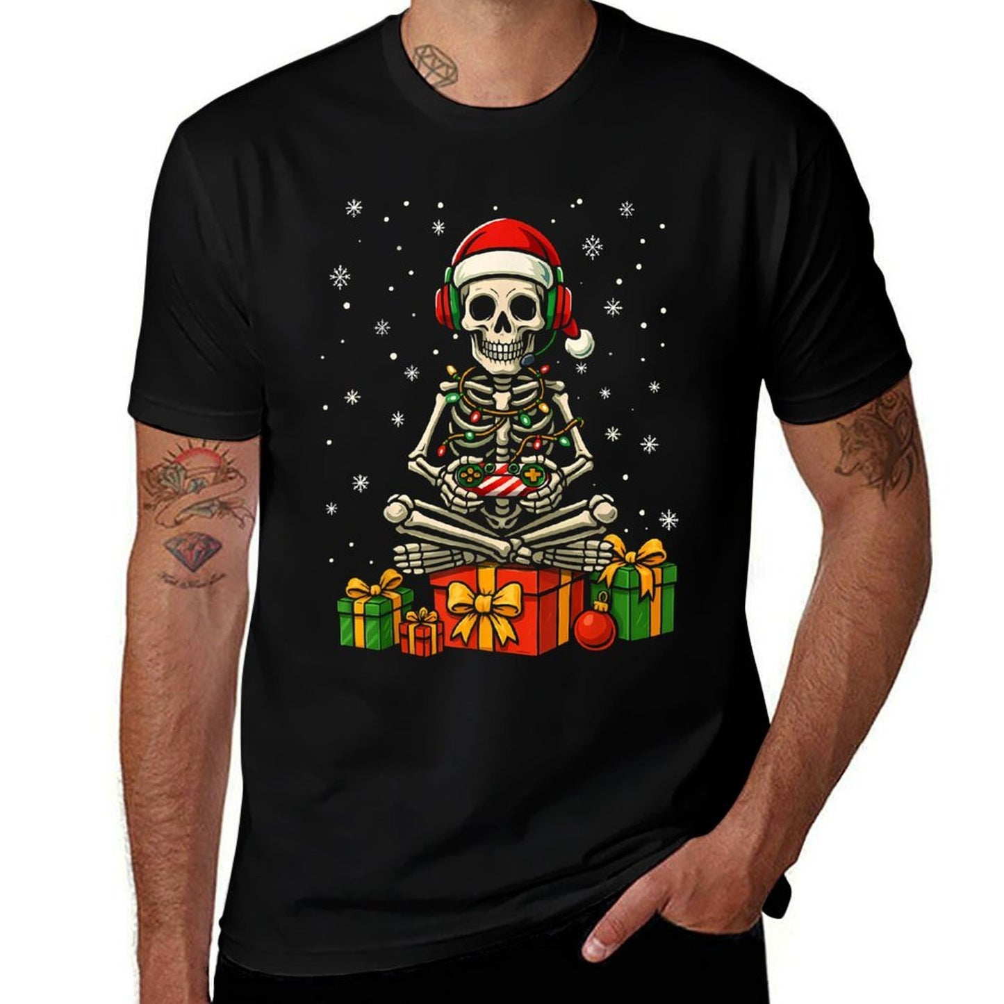 Funny Skeleton Game Controller Xmas Lights Men Women Kids PJ  Cotton T-Shirt