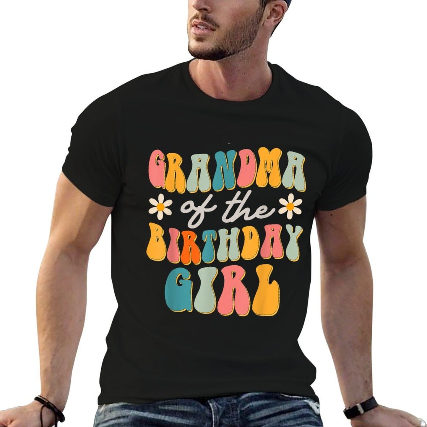Grandma Of The Birthday Girl Groovy Themed  Ribbed Collar T-Shirt