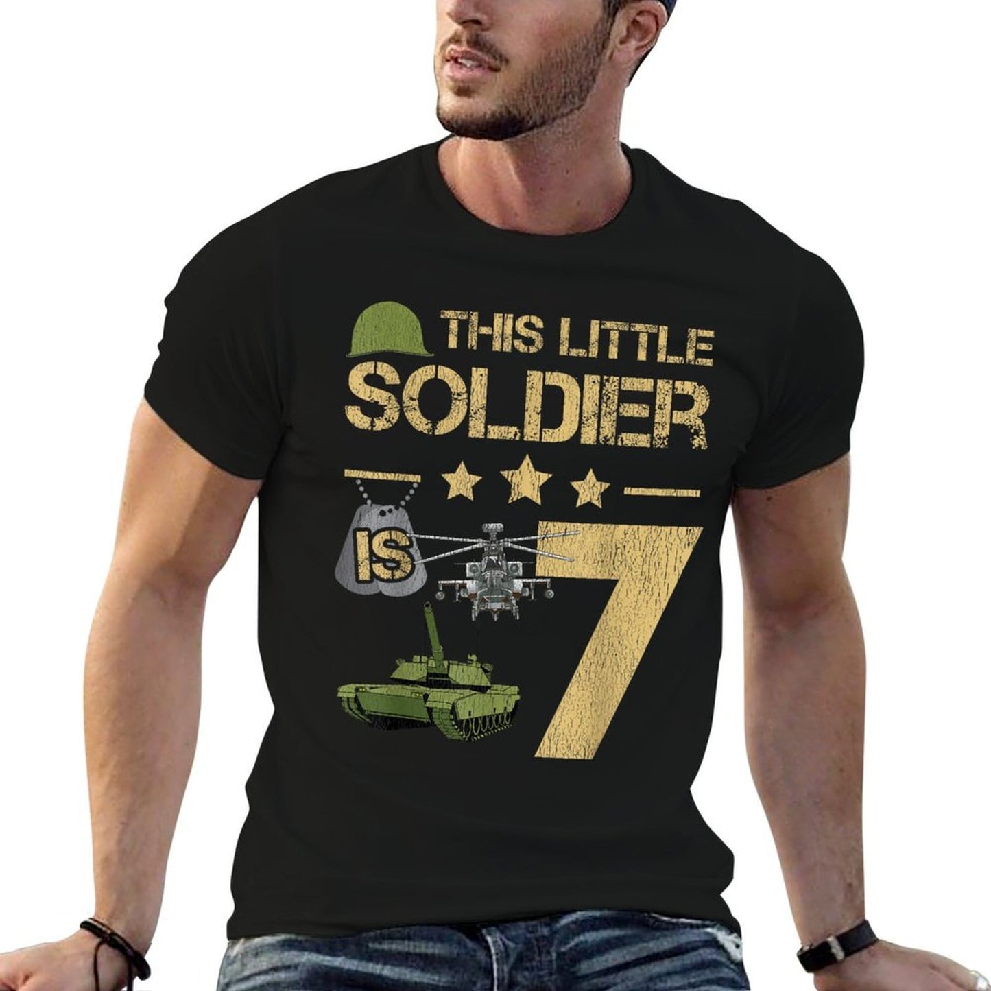 7 Year Old Soldier Birthday Boy 7th Birthday Kids Army Camo  Wrinkle-resistant T-Shirt