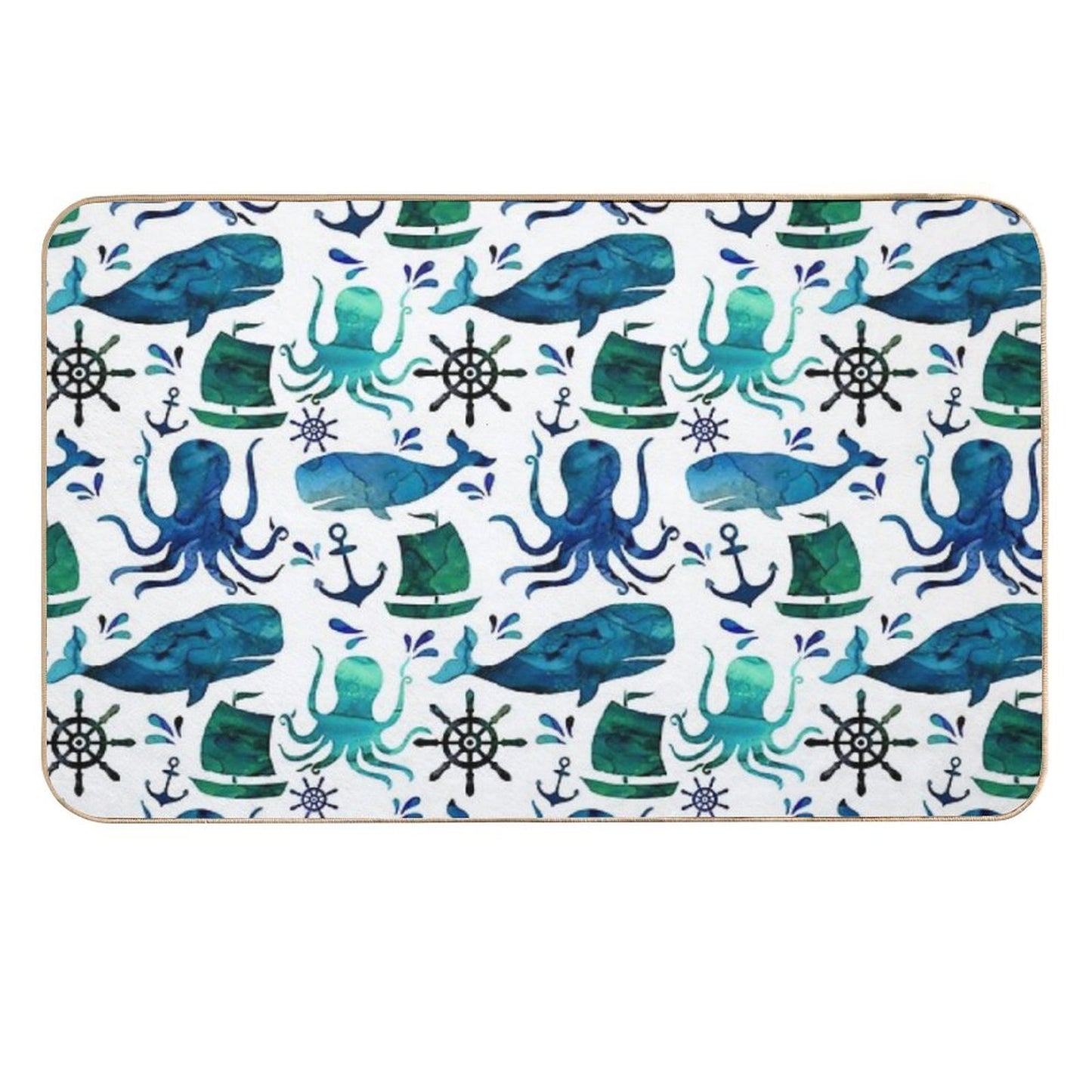 Watercolor Ocean Nautical Whale Octopus  Slip-Resistant Bath Mat