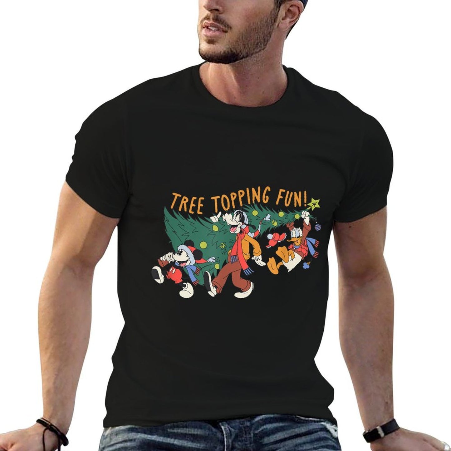Amazon Essentials Mens Mickey Mouse Goofy And Donald Christmas Tree Topping Fun, Black Graphic Print, Small  Soft T-Shirt