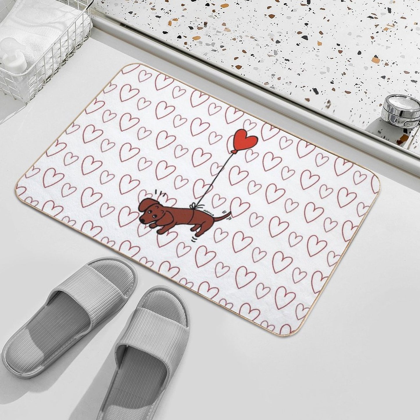 Red Smooth Haired Dachshund Floating in The Air  Repositionable Bath Mat