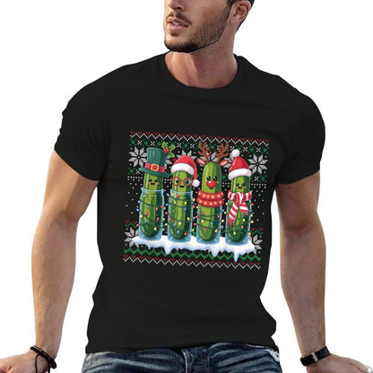 Funny Pickles Christmas Lights Santa Hat Xmas Ugly Sweater  Heathered Texture T-Shirt