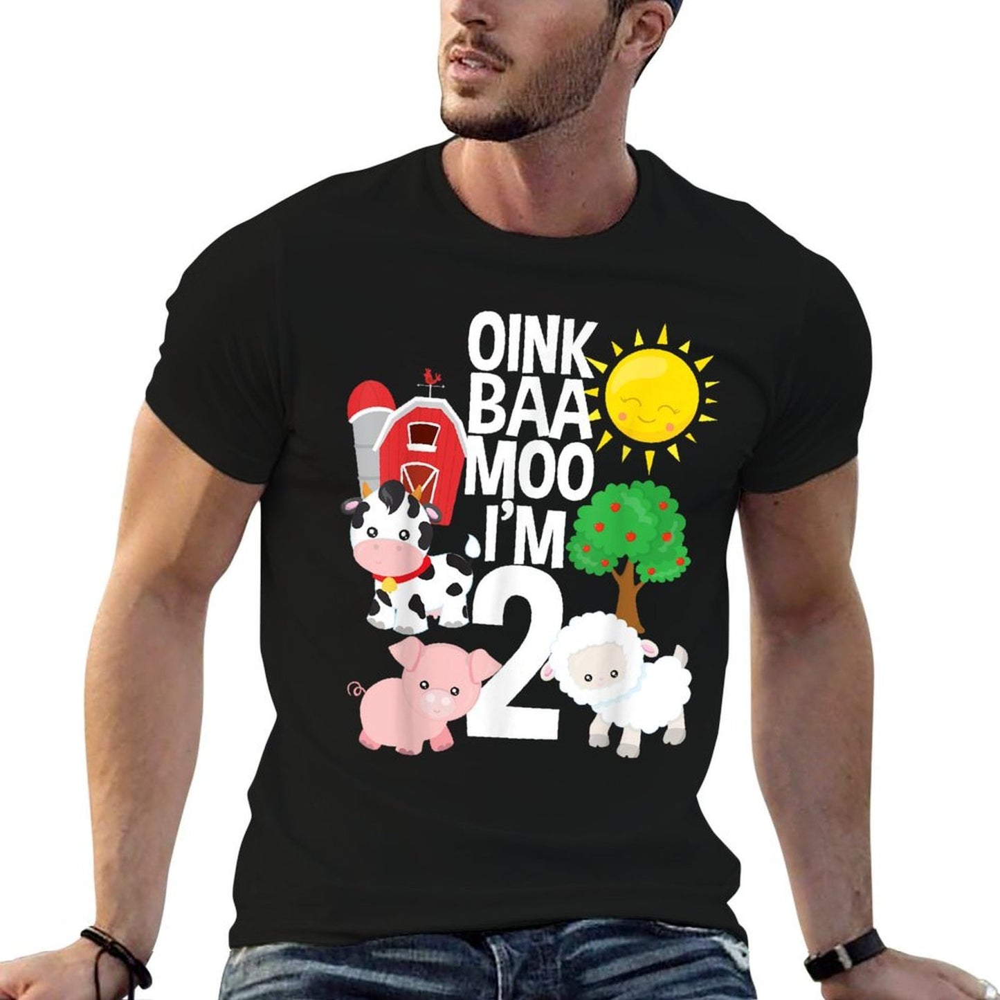 Oink Baa Moo I'm 2 Farm Theme Birthday Gift 2 Yrs Old  Ribbed Collar T-Shirt