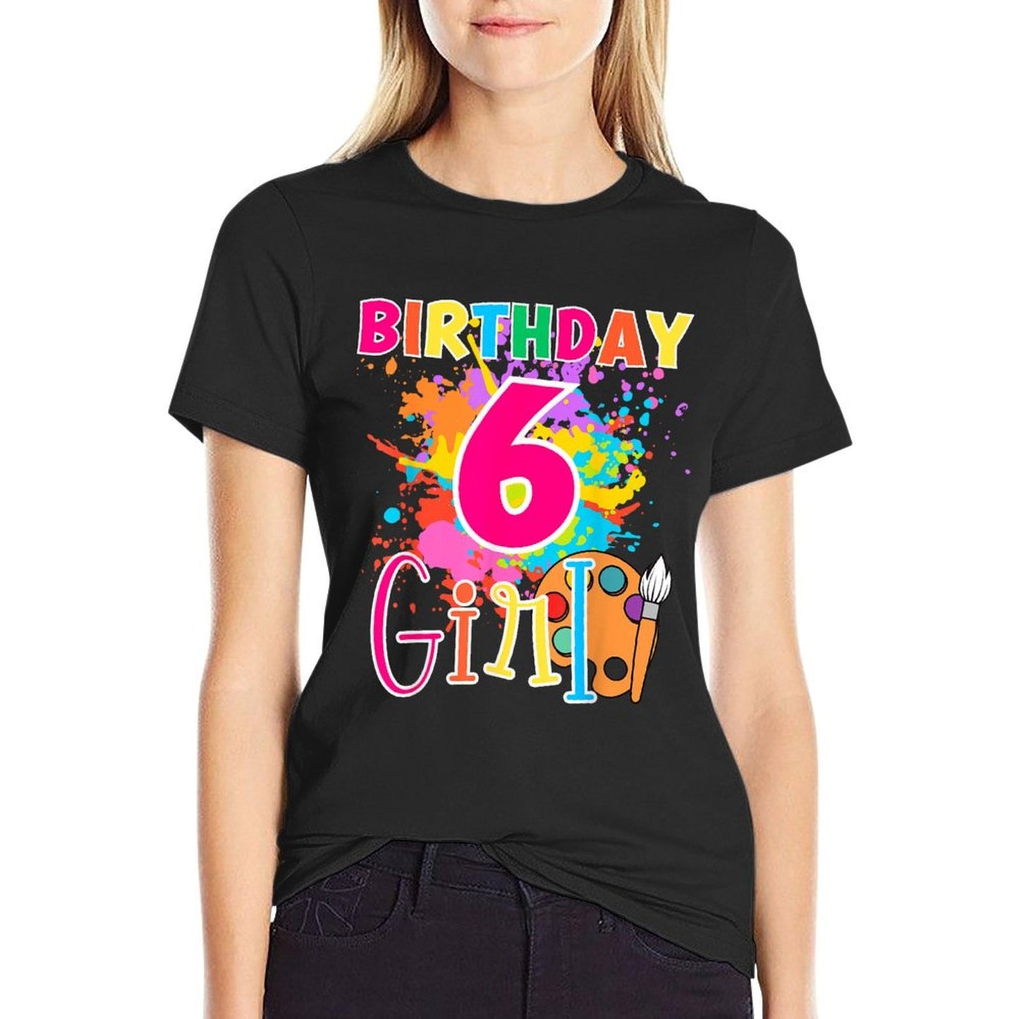 Birthday Girl Little 6 Year Old Painting Art 6th Bday Party  Cotton T-Shirt