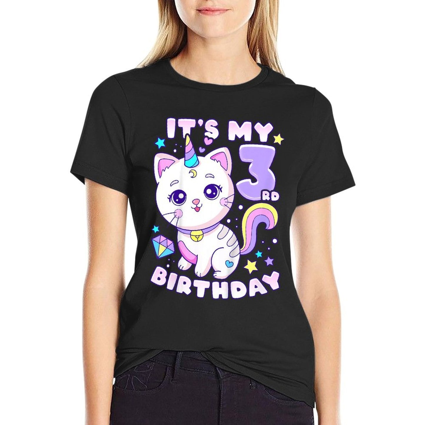 Kids Birthday Girl 3 Years Old, Cat, Unicorn, 3rd Birthday  High-quality Stitching T-Shirt