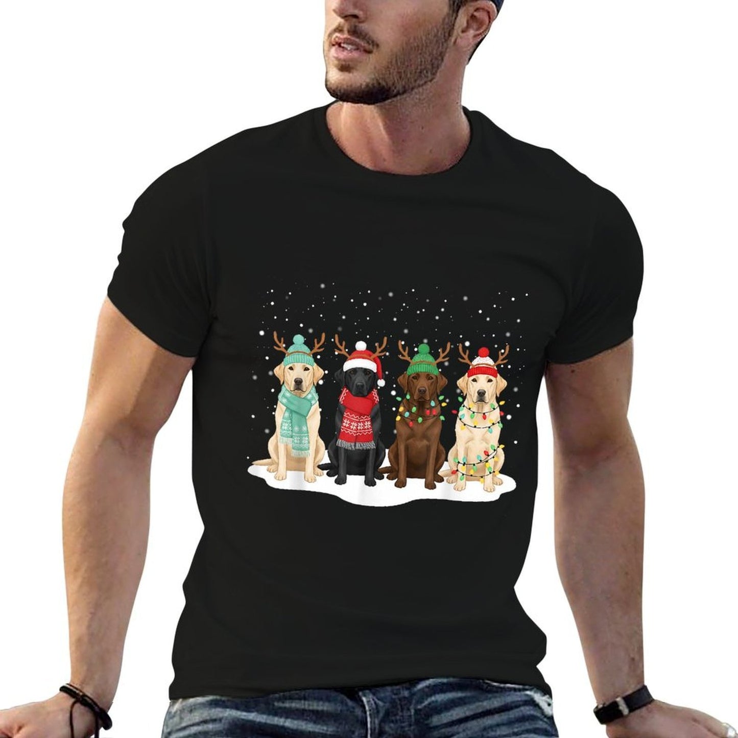 Black Lab Labrador Dog Christmas Crew Matching Family Xmas  Rolled Sleeves T-Shirt