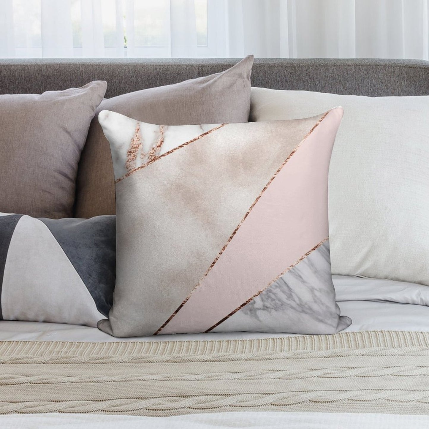 Spliced Mixed Rose Gold Marble Soft Fade-Resistant Throw Pillow