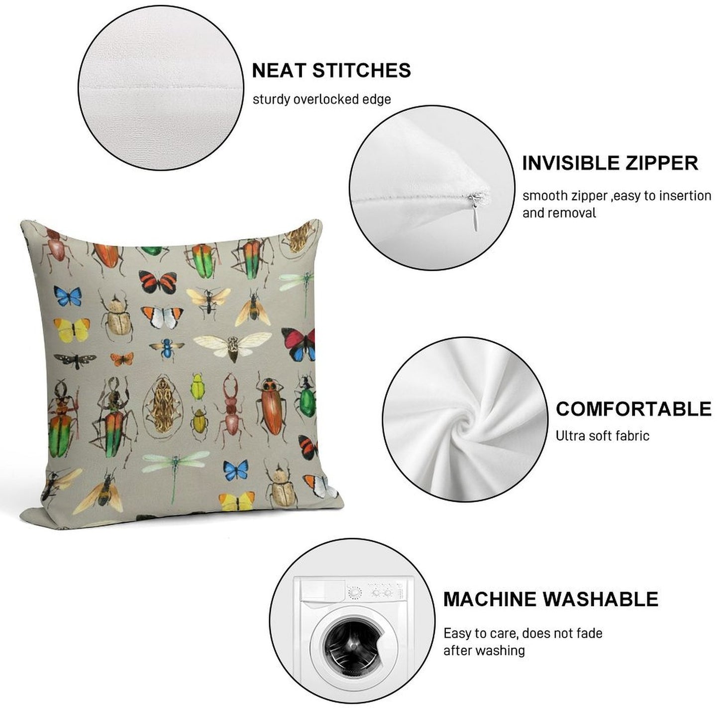 The Usual Suspects - Insects on Grey - Watercolour Bugs Pattern by Cecca Designs Soft High-Density Material Throw Pillow