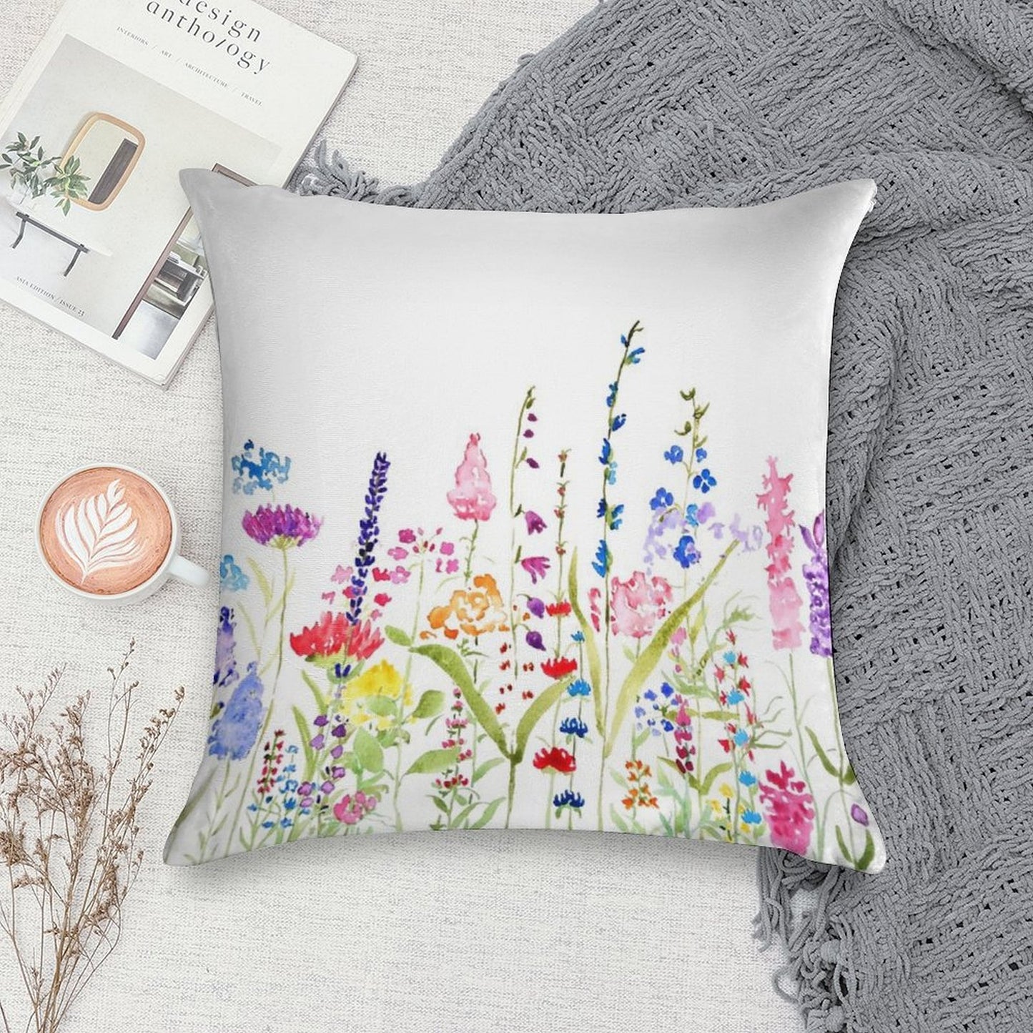Hand Painted Colorful Wild Flower Field Soft Easy Maintenance Throw Pillow