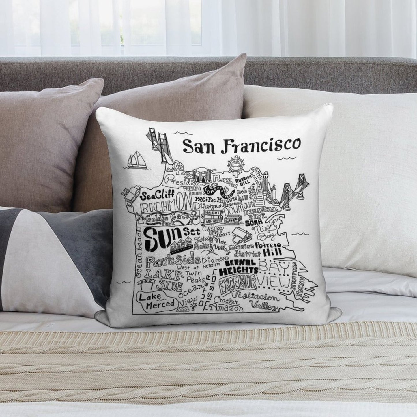 San Francisco Illustrated Map Soft Gift Ready Throw Pillow