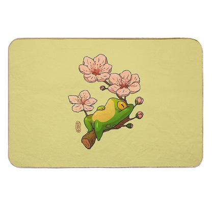 Relaxing Frog on Branch with Cherry Blossoms – Cute Asian Style Frog Illustration  Rapid-Drying Bath Mat
