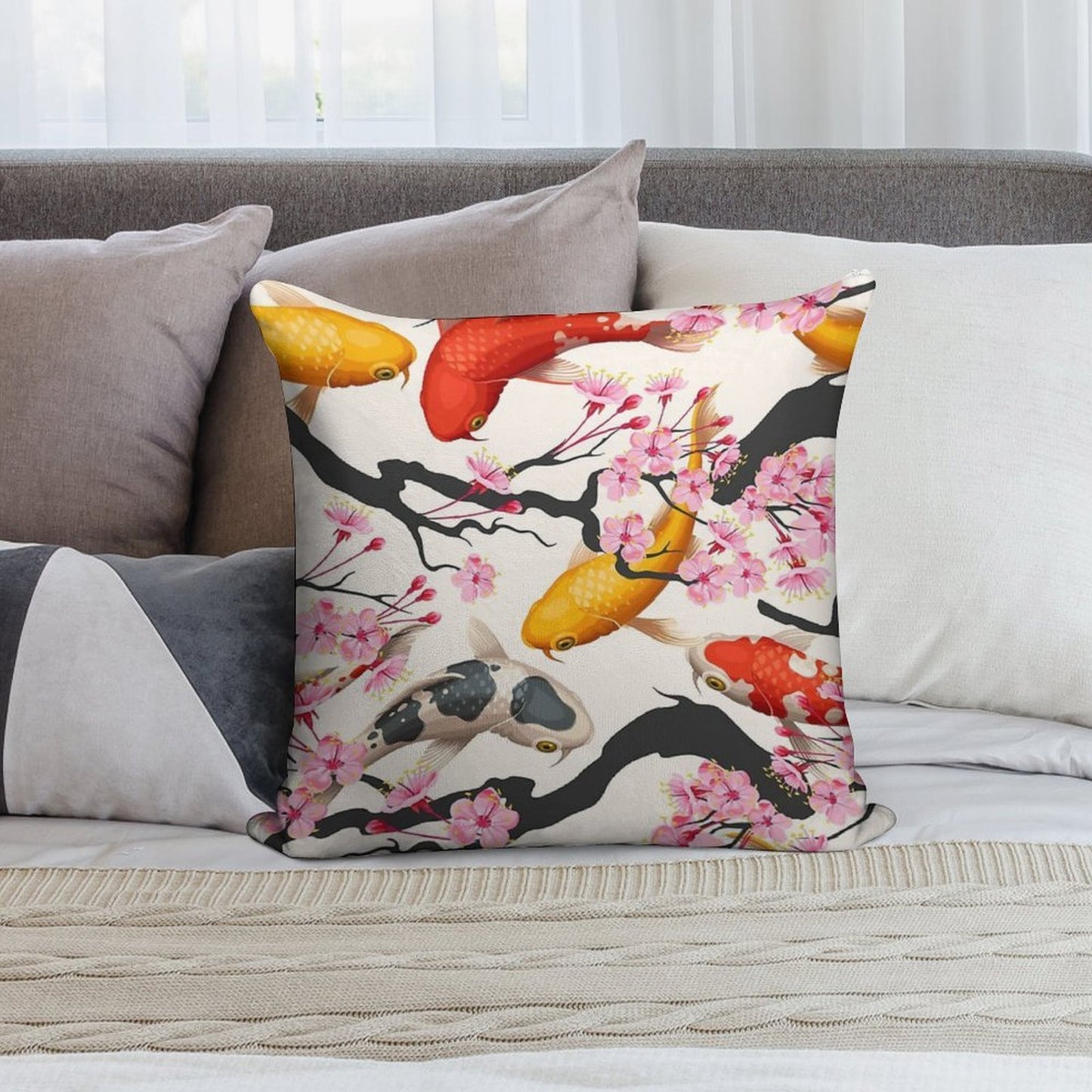 Koi Carp with Sakura Plant Soft Warmth Comfort Throw Pillow