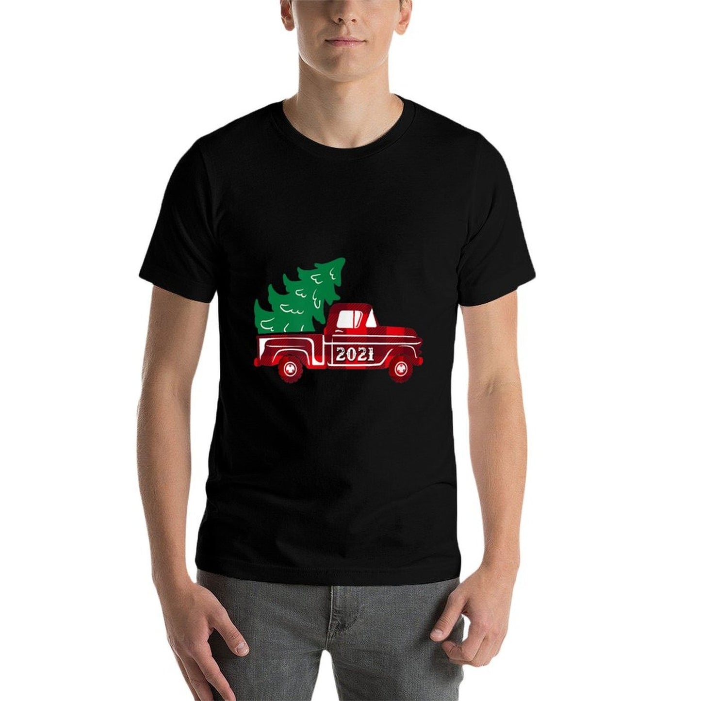 Vintage Christmas Truck 2021 - Red Buffalo Plaid - Tree  Slim-fit Cut T-Shirt