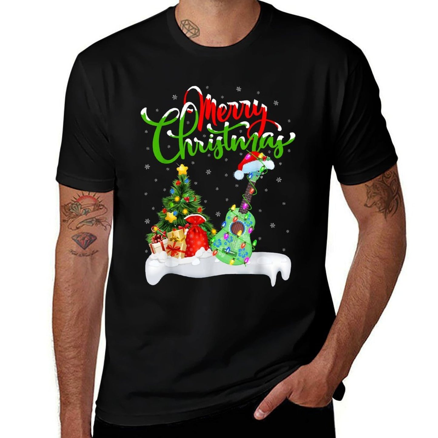 Xmas Tree Lights Santa Hat Musical Ukulele Guitar Christmas  Quick-drying T-Shirt