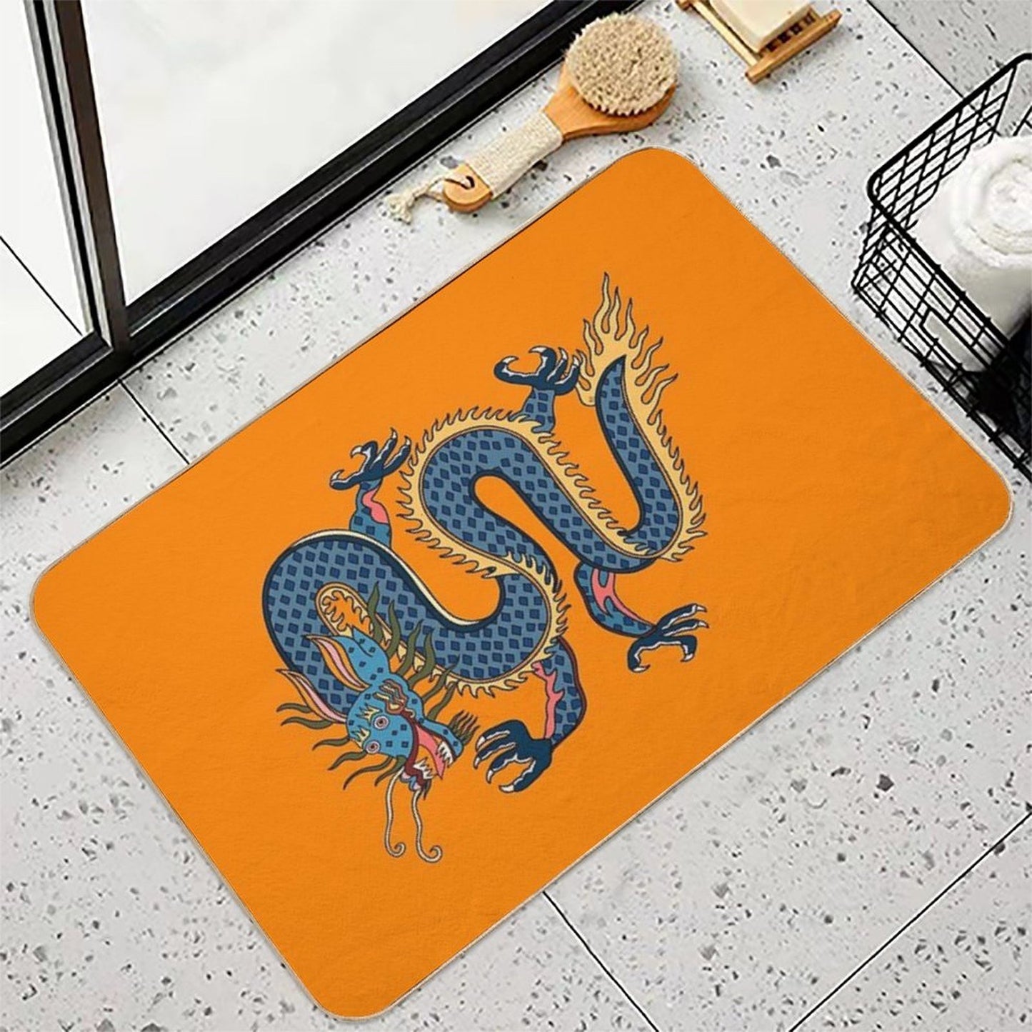 TIBETAN DRAGON RUG-orange  Easy To Clean Bath Mat