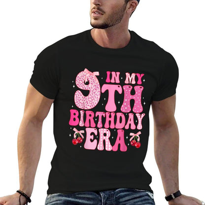 Kids In My 9th Birthday Era Girl Coquette Bow Cherry Theme  Tagless Design T-Shirt