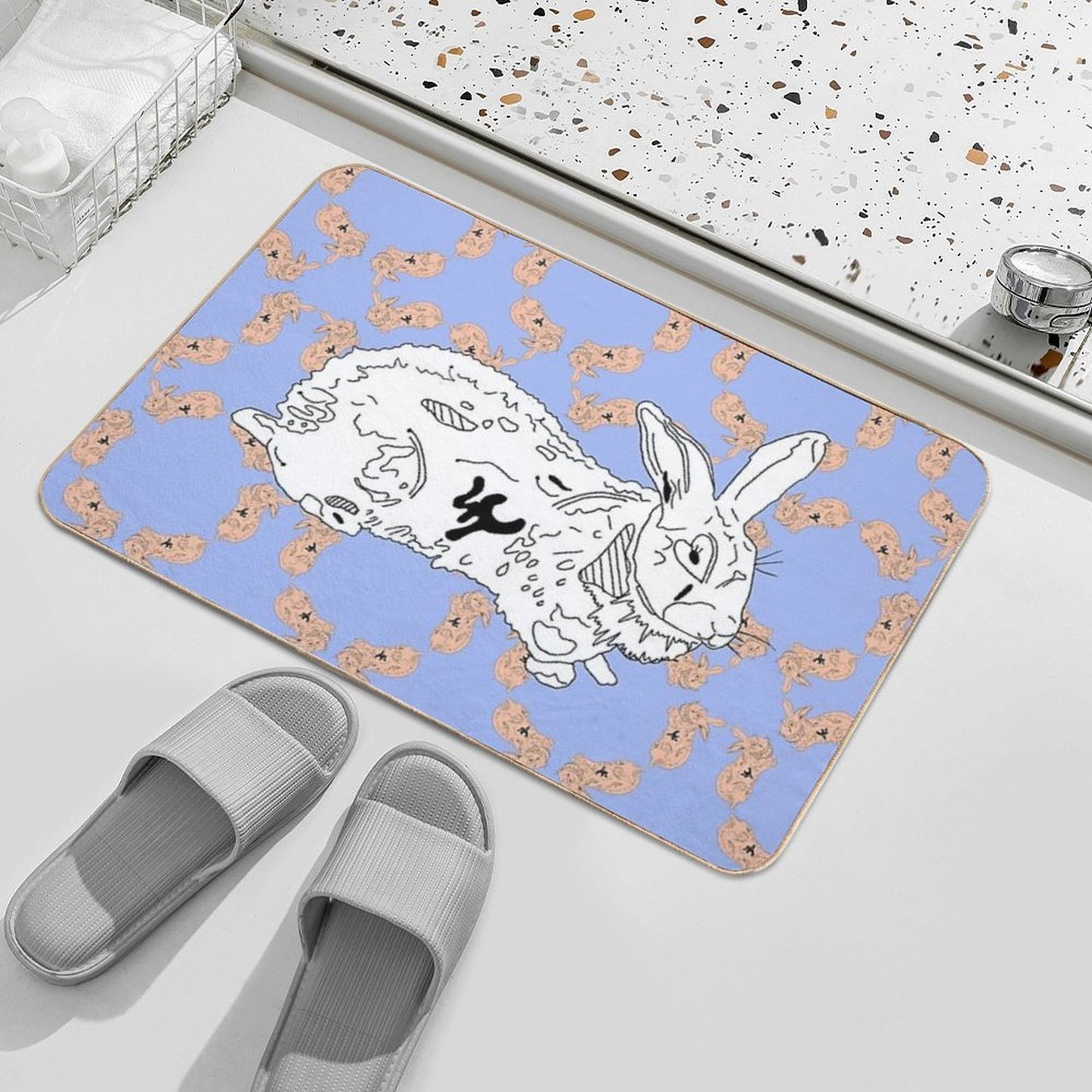 Sweet Bunny - Illustration - Vegan Art  Repositionable Bath Mat