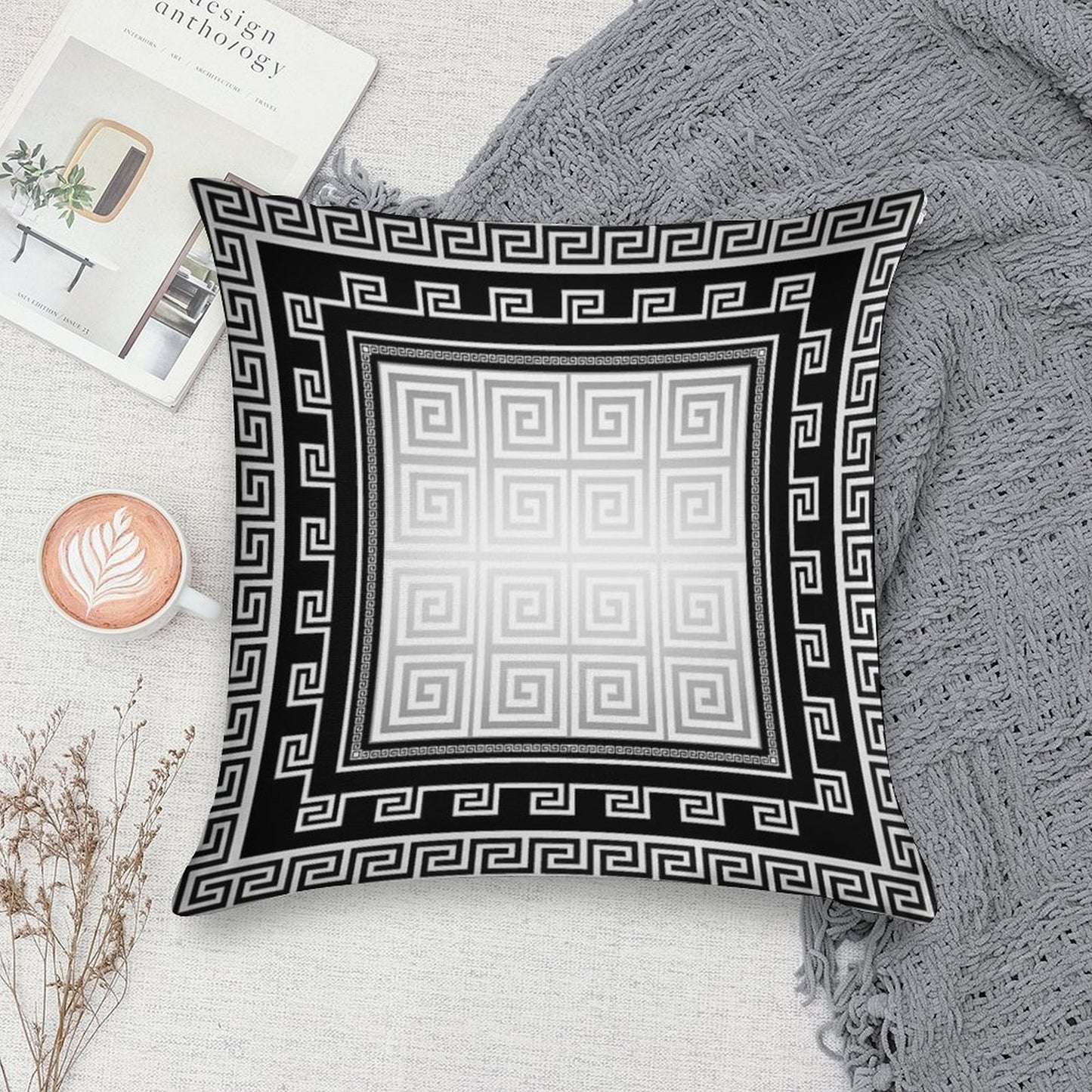 Greek Keys Black White Silver Gray Soft Hidden Zipper Throw Pillow