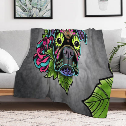 Boxer in Black- Day of The Dead Sugar Skull Dog Anti-pilling Throw Blanket