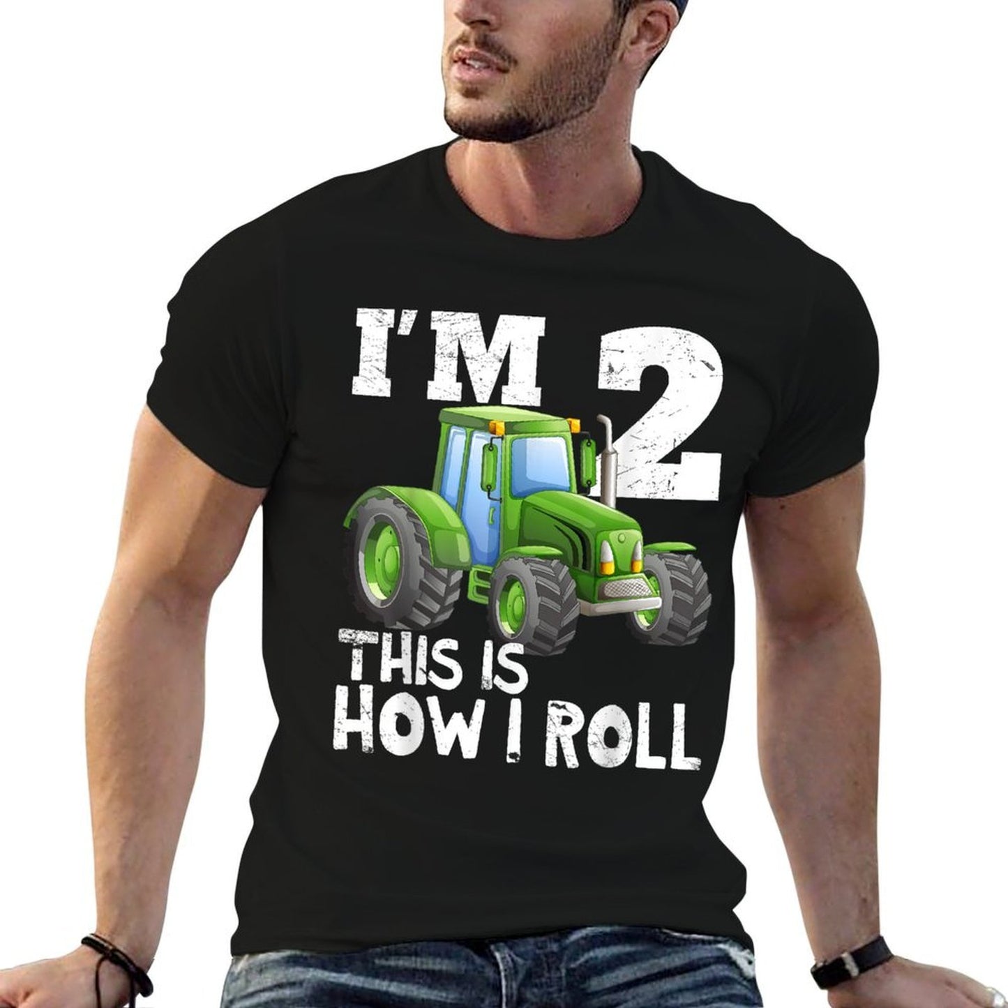 Green Farm Tractor 2nd Birthday Party Gift 2 Year Old  Heathered Texture T-Shirt